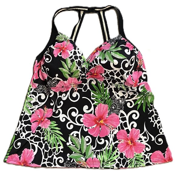NWT FIT 4U WOMENS TANKINI Plus Sz 24W BLACK WHITE w PINK GREEN FLORAL PRINT 1143 - Picture 1 of 12